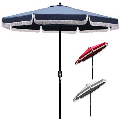 Blissun 9' Outdoor Patio Umbrella with Fringe, Aluminum Manual Push Button Tilt and Crank Garden Parasol