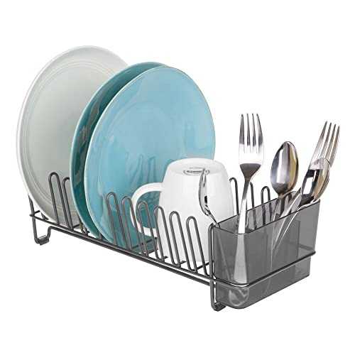 mDesign Kitchen Sink Dish Drainer – Small Metal and Plastic Dish Rack for Kitchen Sink – Dish Drying Rack for Plates and Cutlery Basket – Graphite/Smoke