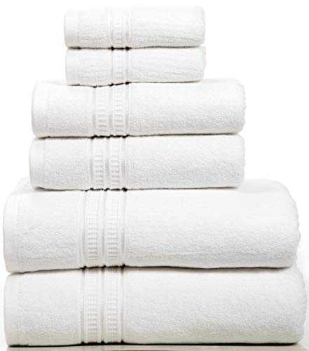 BLISS CASA 6 Piece Towels Set, Ringspun Cotton & Absorbent, 2 Bath Towels, 2 Hand Towels, and 2 Washcloths (White)