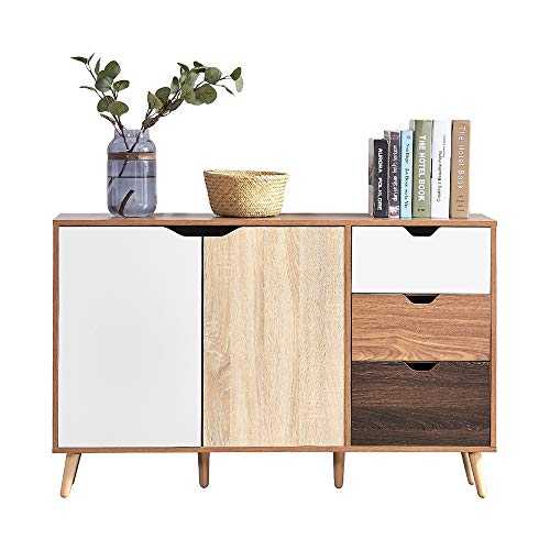Ansley&HosHo Wood 2 Door Sideboard Cupboard 4ft/120cm Kitchen Storage Organize Unit Corner Cabinet with Shelves and Drawers for Home Kitchen Living Room Storage Drawers in Unit Modern Compact