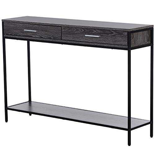 HOMCOM Console Table Worktop Bottom Shelf Home Two Drawer Industrial Minimal Style Grey Wood Tone Effect