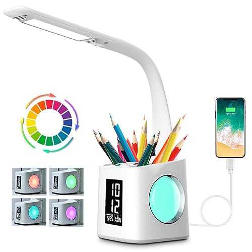 Wanjiaone Desk Lamps for Study LED Lamp with Pen Holder, Eye-Caring Table Lamp with 10W Dimmable Touch Control,Girls Desk Light 256 RGB Colorful Night Light,Office Lamp with USB Charging Port