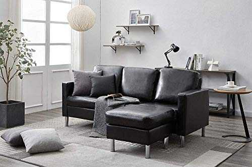 YRRA 3 Seater Sofa with Footstool Fabric Grey Sofa for Living Room Modern Couch Corner Sofa with Reversible Chaise (Fabric Light Grey)-Faux Leather Black