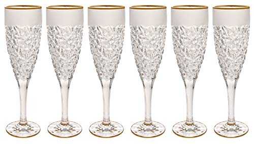 Barski - European Quality Glass - Set of 6 - Crystal - Champagne Flute - 8 oz. - Raindrop Design with Frosted Border and Gold Rim - Glasses are Made in Europe