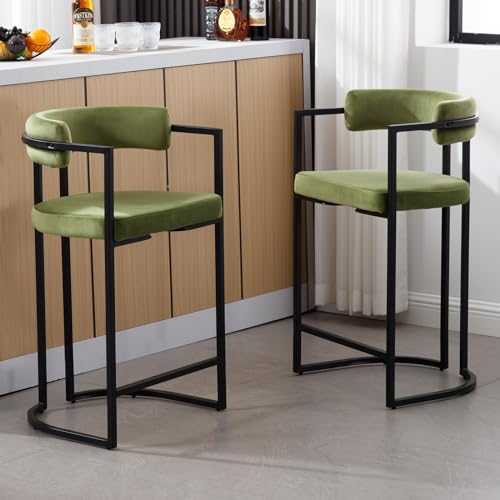 Wahson Modern Bar Stools Set of 2 Velvet Kitchen Breakfast Counter Chairs with Metal Base Footrest, Upholstered Bar Chairs for Home Bar/Pub, Green