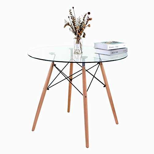 Retro Glass Round Dining Table Eiffel Design Metal Frame 4 Beech Leg with Glass Table Top 90 Dia Surface For Kitchen Dining Room Family Workstation