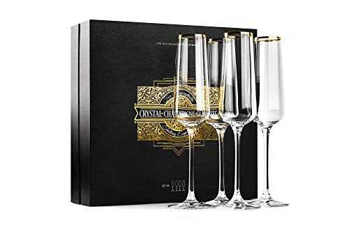Crystal Champagne Gift Glasses | Set of 4 | Gold Rimmed Square Toasting Flutes for Sparkling Wine, Prosecco, Mimosas | Contemporary Long Stemmed Glassware for Wedding, Anniversary, Birthday Toast