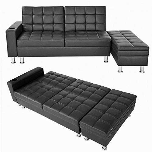 Modern Sofa 3 Seater Sofa Bed Faux Leather Recliner Corner Couch Sleeper Guest Room Sofabed with Ottoman Storage Foot Stool and Cup Holder for Living Room (Black)
