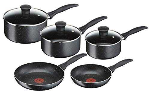 Tefal B190S544 Origins 5 Piece Stone Pots and Pans set, Black, 20 & 24CM Frying Pans, 16 & 18 & 20CM Saucepans with Lids