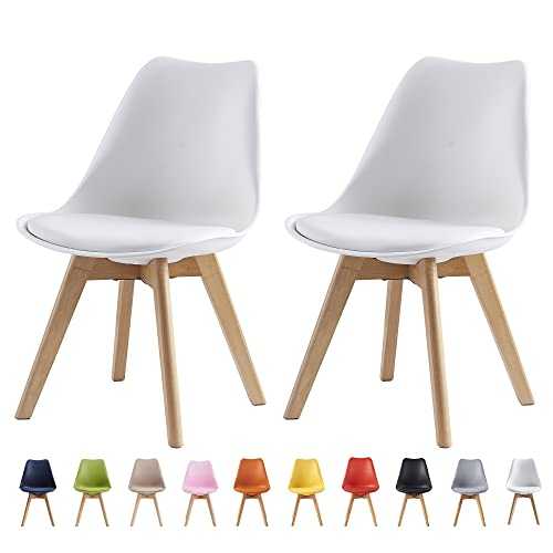 Set of 2 Dining Chairs Wooden Legs Soft Cushion Pad Stylish DELUXE Retro Lounge Dining Office EVA (White)