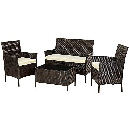 SONGMICS Garden Furniture Sets, Polyrattan Outdoor Patio Furniture, Conservatory PE Wicker Furniture, for Patio Balcony Backyard, Brown and Beige GGF002BR1