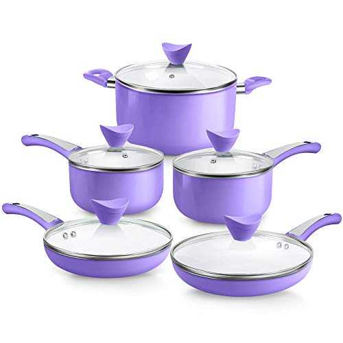 SHINEURI Pots & Pans Set 10 Pieces Cookware Set, 8inch Fry Pan, 9inch Omelet, 5.qt Stockpot, 1qt 2 qt Saucepan - for Induction, Gas, Electric, Stovetop(Purple, 10PCS)