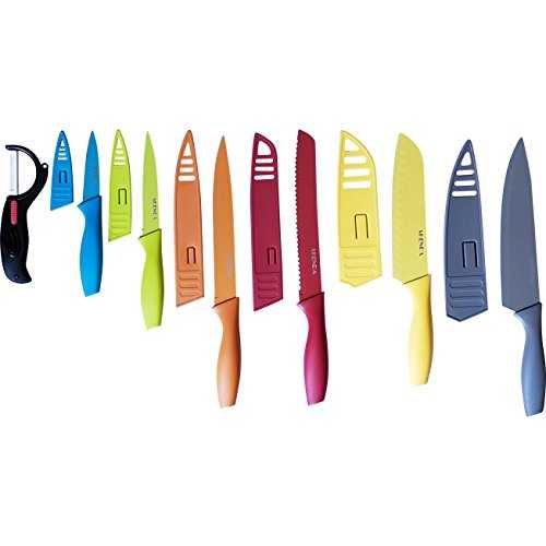 Skenda Colour kitchen knife set - 6 Premium Kitchen Knives With Sheaths & Vegetable Peeler (13 pcs) - Sharper Than Devil Knifes , Santoku, Chef, Bread, Carving, Paring, and Utility Knife + FREE Recipes E-books