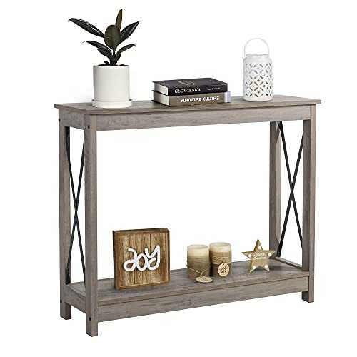 Rustory Farmhouse Console Sofa Table, Rustic 2 Tier X-Design Industrial Hallway/Entryway Table, Accent Side Tables with Storage Shelf for Living Room Bedroom (Washed Oak)