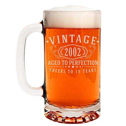 Vintage 2002 Etched 16oz Glass Beer Mug - 19th Birthday Aged to Perfection - 19 Years Old Gifts
