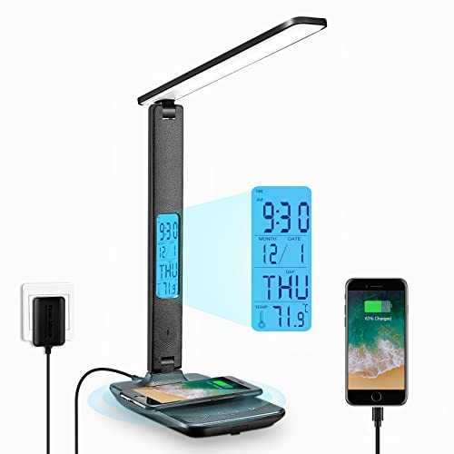 LAOPAO Desk Lamp, LED Desk Lamp with Wireless Charger, USB Charging Port, Adjustable Foldable ​Table Lamp with Clock, Alarm, Date, Temperature, 5-Level Dimmable ​Lighting​, Office Lamp with Adapter