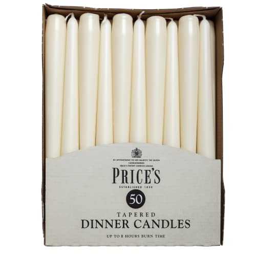 Price's Candles - Tapered Dinner Candles - Pack of 50 - Ivory - Dripless - Unscented - 7 Hour Burn Time