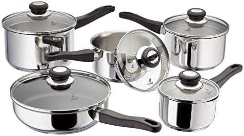 Judge Vista Draining J3C2A Set of 5 Stainless Steel Pans, 14cm, 16cm, 18cm & 20cm Saucepans with Pouring Lip and Strainer Lids and 24cm Saute Pan, Induction Ready, Oven Safe, 25 Year Guarantee
