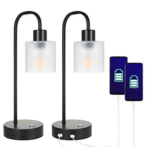 Bedside Table Lamps Touch Control with Dual USB Charge Port,Pairs of Stepless Dimmable Desk Lights with Eye-Care Glass Shade for Bedroom Living Room Lounge(Blub Include)--2 Pack