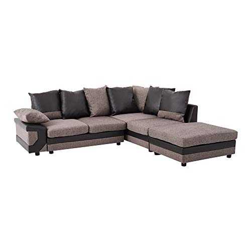 Panana 4 Seater Sofa L Shaped Corner Group Sofa Fabric and Leather Upholstered Sofa Settee Left or Right Chaise Couch with Footstool for Living Room (Brown and Black)