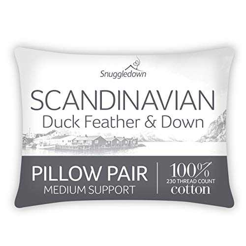 Snuggledown Duck Feather & Down White Pillows 2 Pack Medium Support Designed for Back and Side Sleepers Bed Pillows