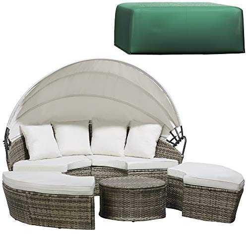Garden Gear 180cm Rattan Daybed with Table 4 Piece Outdoor Furniture Set & Cover with Extendable Canopy & Cushions Included (Tonal Grey)