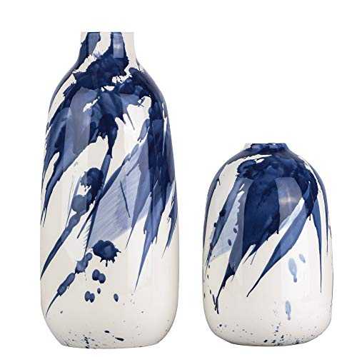 TERESA'S COLLECTIONS Ceramic Blue White Vases with Chinese Style Aquarelle, Set of 2 Glazed Handmade Decorative Vases for Living Room Decoration, 18-29cm