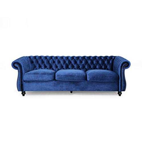 Vita Chesterfield Tufted Jewel Toned Velvet Sofa with Scroll Arms, Navy Blue