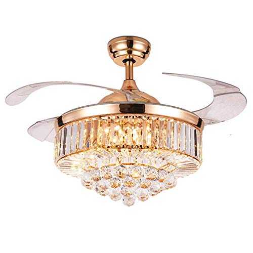 Moerun 42" Crystal Ceiling Fan with Light Luxury LED Chandelier Remote Control 3 Speeds 3 Color Changes Retractable Acrylic Blades Ceiling Fixture, Silent Motor with LED Kits Included (Gold)