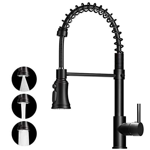 ZHZIRO Kitchen Tap, Kitchen Sink Mixer Tap with 360° Swivel Pull Down Sprayer Commercial Kitchen Taps Single Handle Mixer Tap Cold and Hot 3-Modes Spray with Standard Fittings（Black)