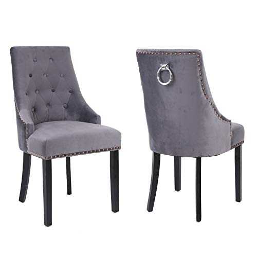 Neo® 2X High Back Studded Velvet Dining Chair Button Tufted Ring Knocker Armchair Chairs (Dark Grey)