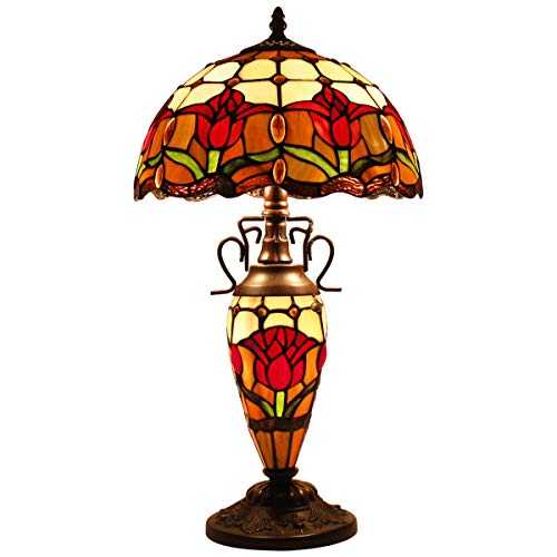 Tiffany Lamps Stained Glass Table Desk Reading Lamp Crystal Bead Sea Blue Peacock Style Shade W8H22 Inch for Living Room Bedroom Bookcase Dresser Coffee Table S666 WERFACTORY