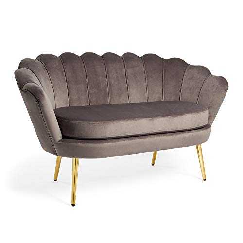 Beautify Grey Velvet Petal Loveseat – Art Deco Loveseat Lotus Shape Sofa Couch with Gold Detail
