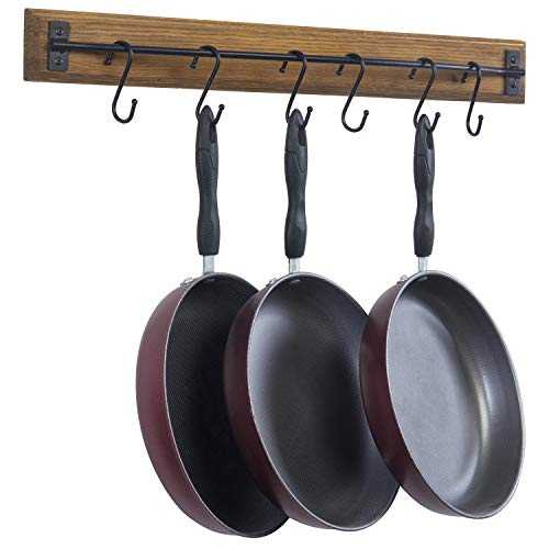 MyGift Kitchen Pot Rack, 6 Removable S-Hook Rustic Brown Wood Wall Mounted Pan Storage Rack Organizer/Cooking Utensil Display Holder