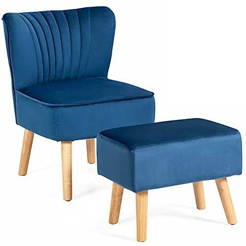 CASART Velvet Fabric Tub Chair, Modern Wing Back Accent Leisure Chairs, Solid Wood Legs, Upholstered Occasional Sofa Fireside Armless Seat for Bedroom, Living room and Office (Blue, with Footstool)