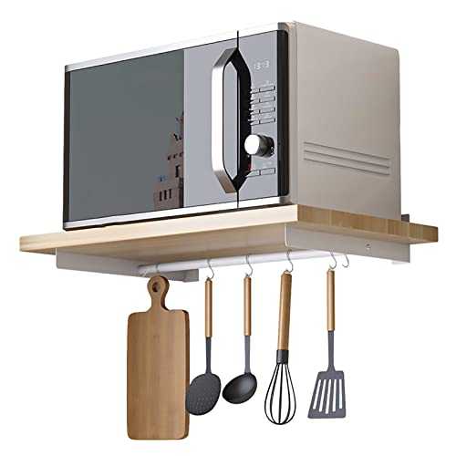 MYAOU Wall Mounted Pots and Pans Rack Microwave Oven Storage Holder with 6 Hooks, Wood Wall Shelf for Kitchen Bathroom Bedroom Pantry