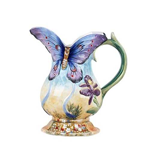 FORLONG Large Ceramic Water Pitcher Flower Vase, Hand-Painted Purple Butterfly and Flowers Home Decor Bouquet Holder-9 Inches
