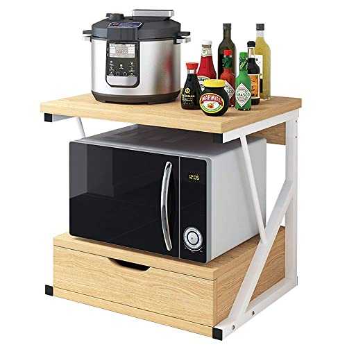 2-Tier Kitchen Baker's Rack, Microwave Oven Rack Kitchen Counter Storage Organizer, Wood Kitchen Shelf Rack with 1 Drawer (White)