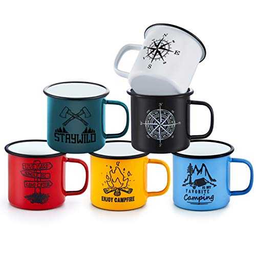 Enamel Mug Cup Set of 6, Homikit 16oz Enamel Coffee Tea Cups Mugs, Red/Green/Blue/White/Black/Yellow Drinking Tin Mug for Home Travel Camping Office, Reusable & Portable, Vintage Design
