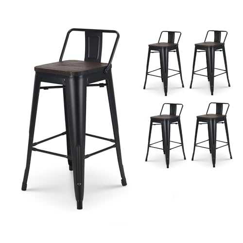 Kosmi - Set of 4 bar stools in matte black metal and seat in dark wood with backrest, bar chair Stool metal and wood high height 66cm