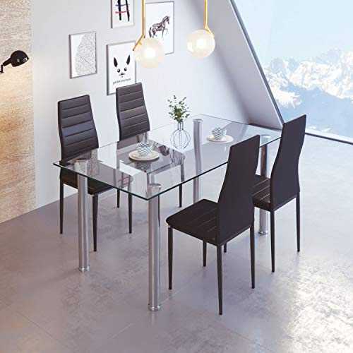 jeffordoutlet Rectangular Dining Table and 4 Black Chairs, High Back PU Leather Chairs and Tempered Glass Dining Room Set Kitchen Furniture