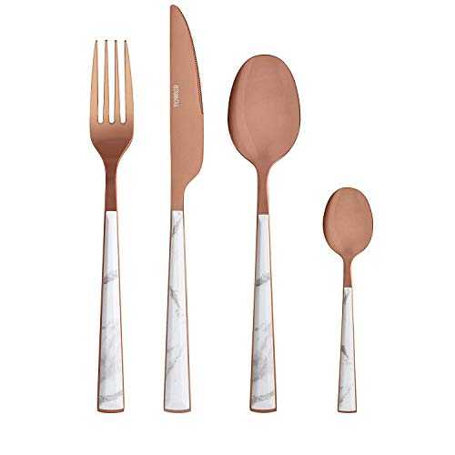 Tower 16 Piece Cutlery Set, Elegant and High Quality Stainless Steel, White Marble and Rose Gold