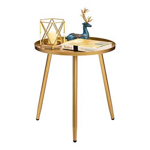 HollyHOME Accent Small Round End Table, Modern Metal Waterproof Outdoor&Indoor Side Table for Small Spaces, Contemporary Nightstand/Sofa Coffee Table, (H) 19.69" x (D) 18.11", Gold
