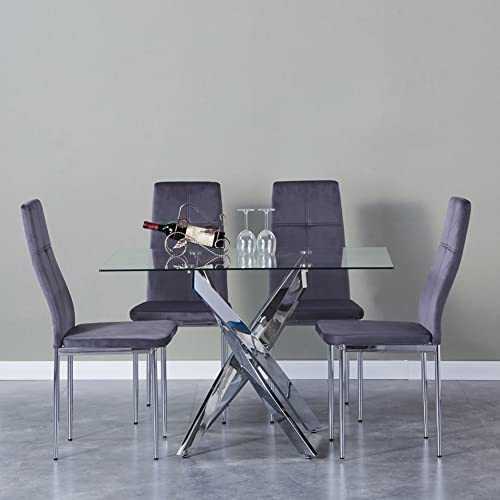 GOLDFAN Glass Dining Table and 4 Chairs Rectangular Kitchen Table and Velvet Chairs Dining Room Sets,Gray/120CM