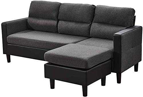 YRRA 3 Seater Sofa with Reversible Chaise Footstool Fabric And Faux Leather L Shaped Corner Sofa Couch Left & Right Hand Side Living Room Furniture (Dark Gray)-Dark Gray