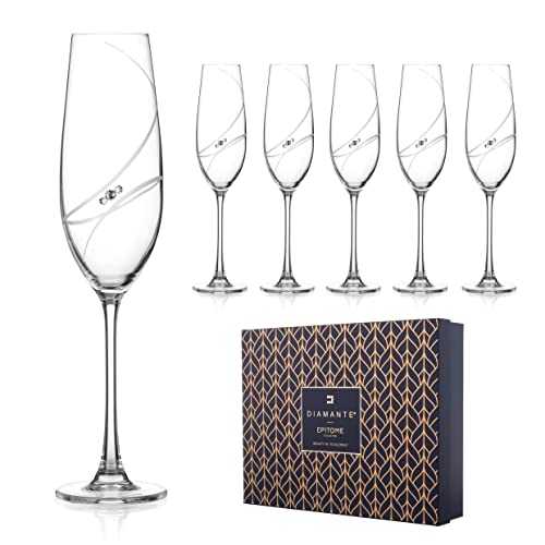 DIAMANTE Swarovski Champagne Flutes Prosecco Glasses with 'Allure' Collection Hand Cut Design Featuring Swarovski Crystals - Set of 6