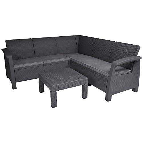 Keter Bahamas Outdoor 5 Seater Corner Rattan Sofa Furniture Set with Table, Graphite with Grey Cushions