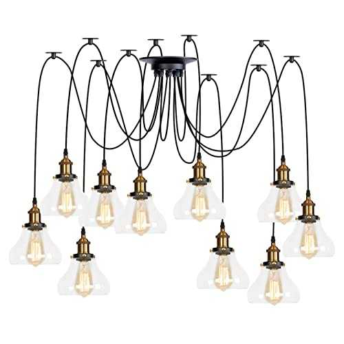 DMNSDD Pendant Lights, Multiple Adjustable DIY Ceiling Spider Lamp, Brass Vintage Industrial Clear Glass Shade Chandelier Hanging Lighting for Dining Room,10 Lights