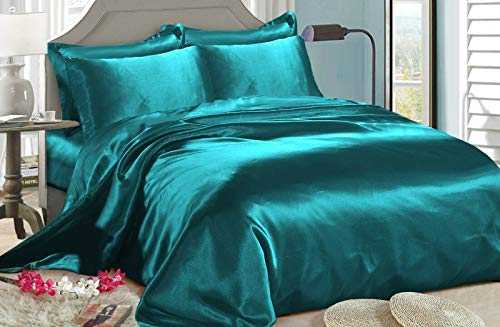 6 Piece Satin SILK Luxury Duvet Quilt Cover 4 Pillowcases Bedding Set Quilted (6 Piece Satin - Teal, Double)