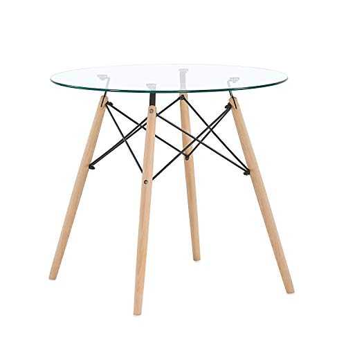 IPOTIUS Scandinavian Round Dining Table 80cm,Glass Table Kitchen Table Coffer Table with Beech Legs,80x80x72cm